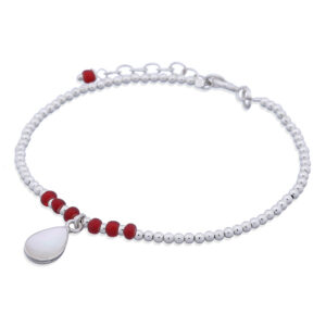 A beaded sterling silver bracelet drop shaped mother of pearl charm