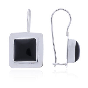 A pair of stylish square black agate sterling silver drop earrings