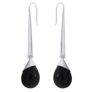 Hinged Shiny Stick Hangers Drop Earrings Pear Cut Black Agate