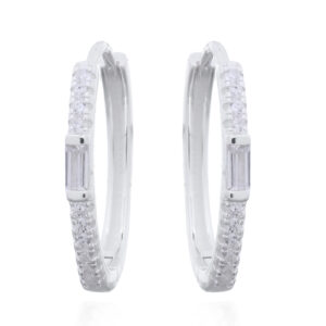 A pair of oval 925 silver hinged hoop earrings rectangular clear cz stone