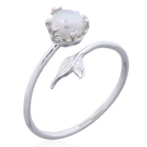 925 Sterling Silver Pearl Ring with Wavy Fish Tail