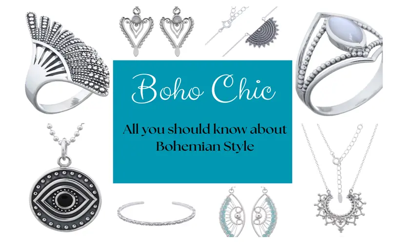 Bohemian Jewelry such as rings, earrings, necklaces, pendants and bracelets of Planet Silver with caption "Boho Chic All you should know about Bohemian Style"