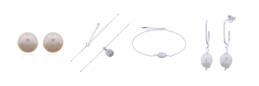 Freshwater Pearl stud earrings, necklace, bracelet and stud earrings with pearl drop in a row.