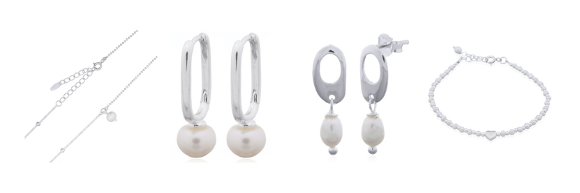 Freshwater Pearl necklace, hoop earrings, stud earrings and bracelet in a row.