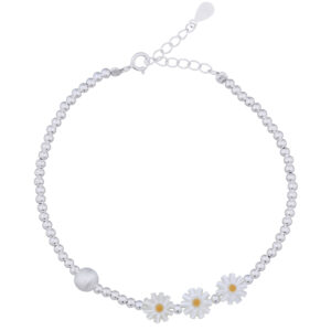 Silver Bead Chain Bracelet with Mother of Pearl Flowers