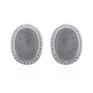 Rainbow Moonstone Oval Studs with Serrated Bezel