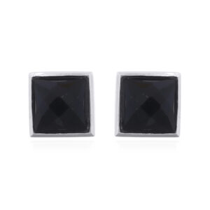 Black Agate Square Stud Earrings in Sterling Silver