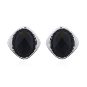 Oval Black Agate Stud Earrings in Square Bezel Silver