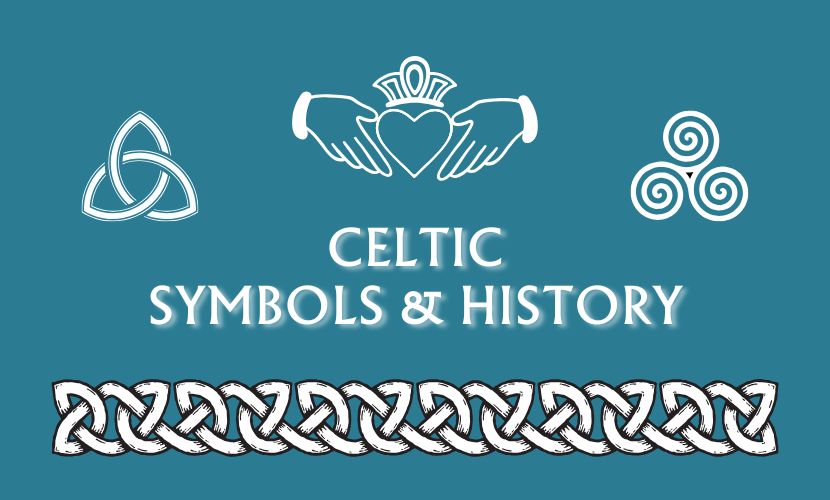 Celtic Trinity Knot, Endless Knot, Claddagh Ring, Triple Spiral with the text "Celtic Symbols & History"