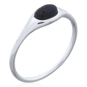 Oval Black Agate Inlay Silver Band Ring