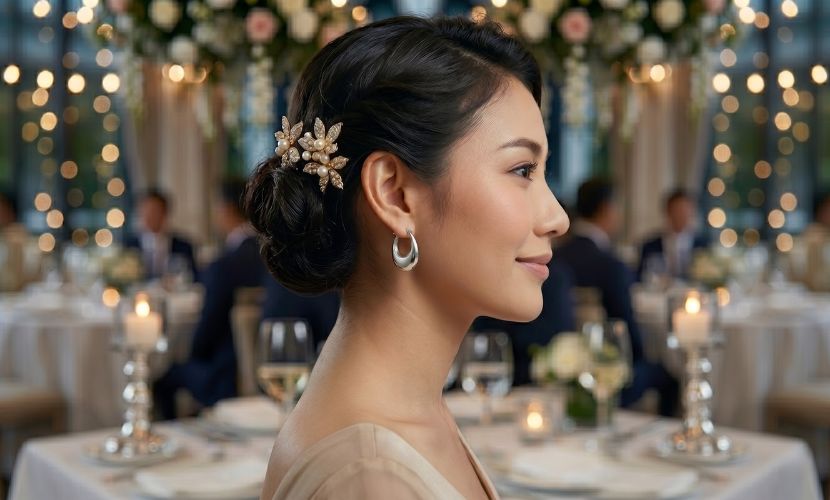 The woman wearing a Puffy Tear Drop Sterling Silver Hoop Earrings