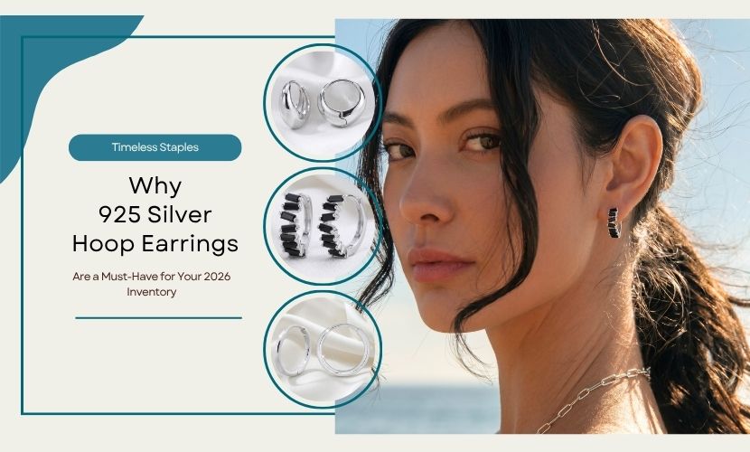 Bold 925 Sterling Silver Pointed Curve Chunky Hoop Earrings, Sterling Silver Plain Thin Round Huggie Earrings, and the model wearing Rectangular Black CZ Stone Row Silver Hoop Earrings