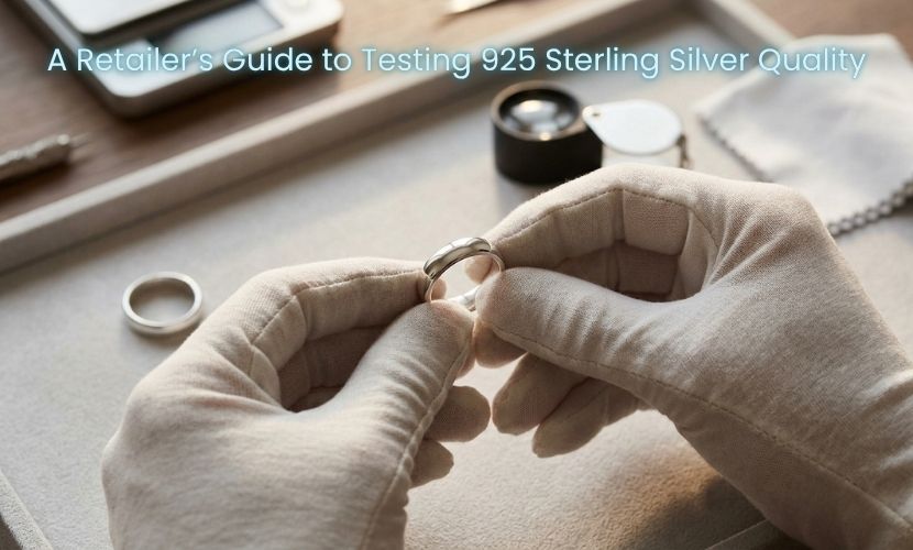 A jeweler's gloved hands carefully inspecting a simple 925 sterling silver band ring over a professional testing tray with a loupe and scale in the background.
