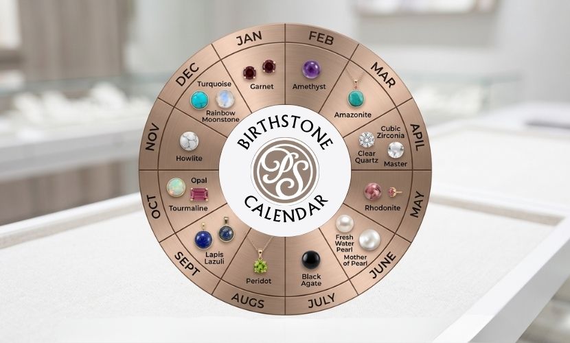 A circular birthstone calendar infographic made of 12 rose-gold segments with tiny jewelry pieces on a white background.