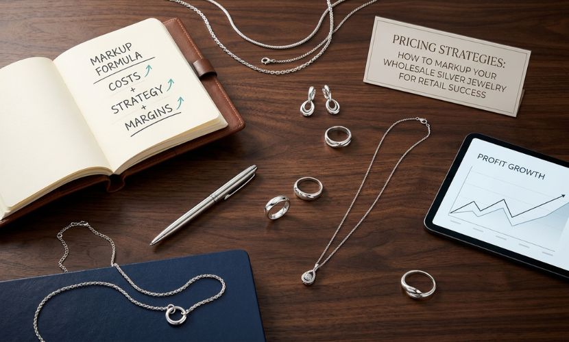 Top-down view of an elegant wooden desk featuring polished 925 sterling silver rings and necklaces alongside business tools. An open notebook displays a "Markup Formula," a tablet shows a rising profit chart, and a professional card reads "Pricing Strategies: How to Markup Your Wholesale Silver Jewelry for Retail Success." The aesthetic is clean and reliable, designed for jewelry retail professionals.