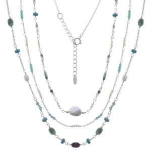 Attract high-end buyers with this luxurious pre-layered masterpiece, as displayed in file 88904MIS_1.jpg. Fine 925 sterling silver chains are exquisitely interspersed with Fresh Water Pearl, Peridot, Agate, Green Agate, and Mixed CZ. This versatile, on-trend tiered necklace offers retail jewelry showrooms an effortless, high-margin bestseller.